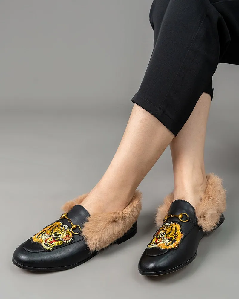 Classic Metal Buckle Embroidered Square Toe Fur Loafers