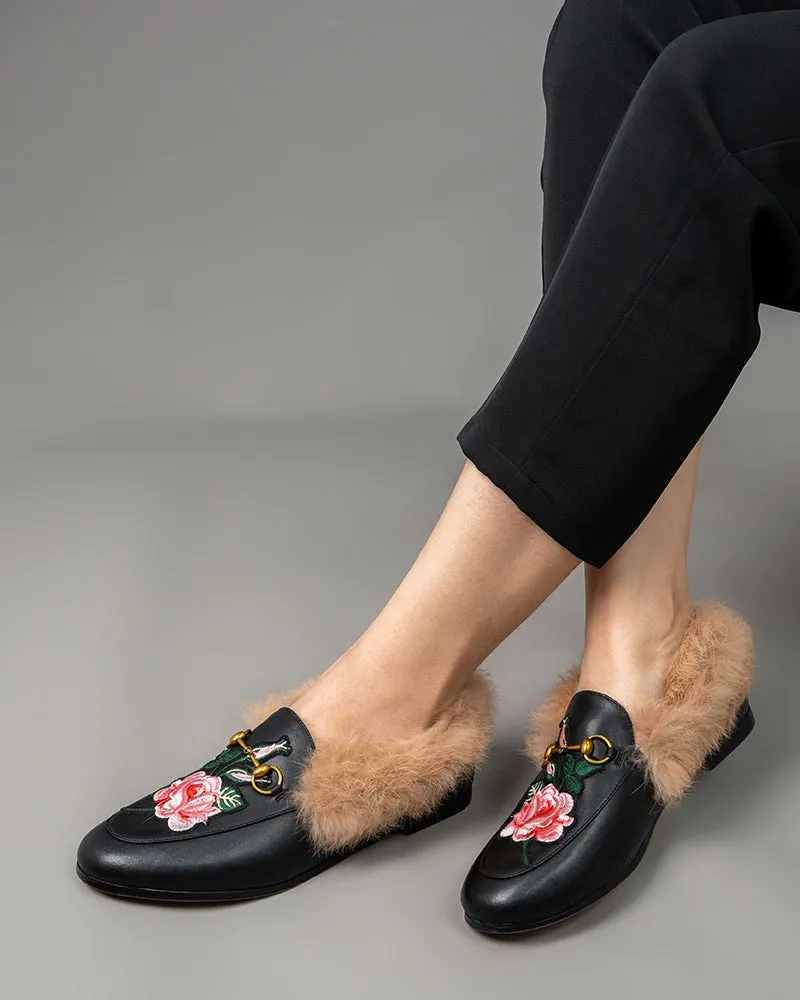 Classic Metal Buckle Embroidered Square Toe Fur Loafers