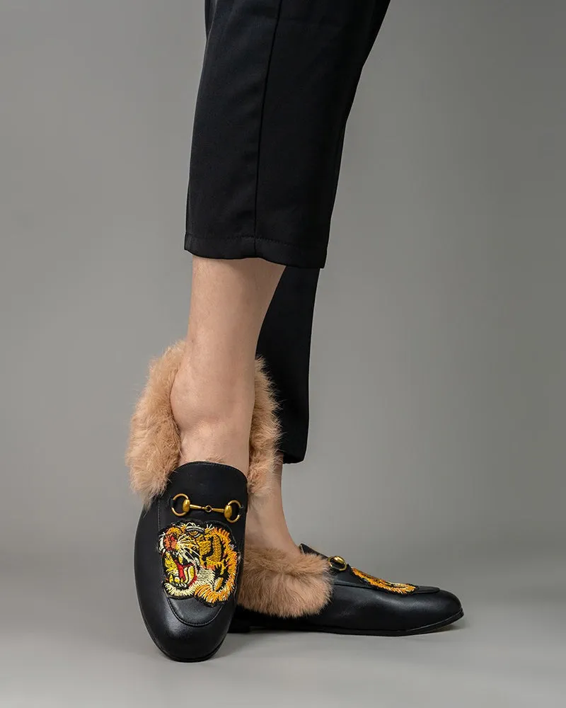 Classic Metal Buckle Embroidered Square Toe Fur Loafers