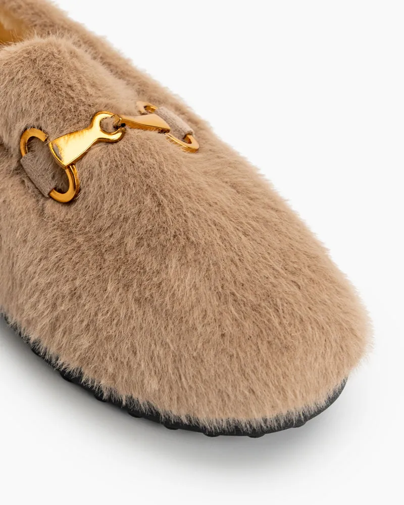 Classic Metal Buckle Furry Plush Flat Winter Warm Slippers Loafers