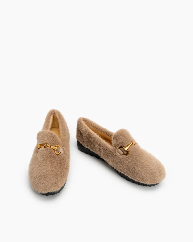 Classic Metal Buckle Furry Plush Flat Winter Warm Slippers Loafers