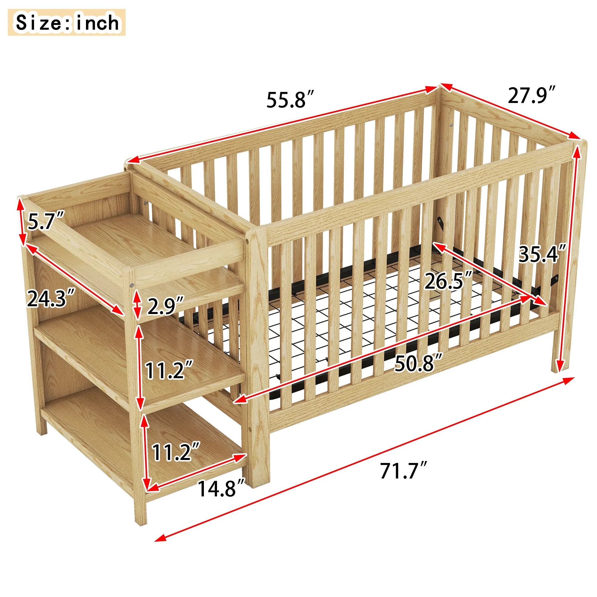 Convertible Crib/Full Size Bed with Changing Table, Natural