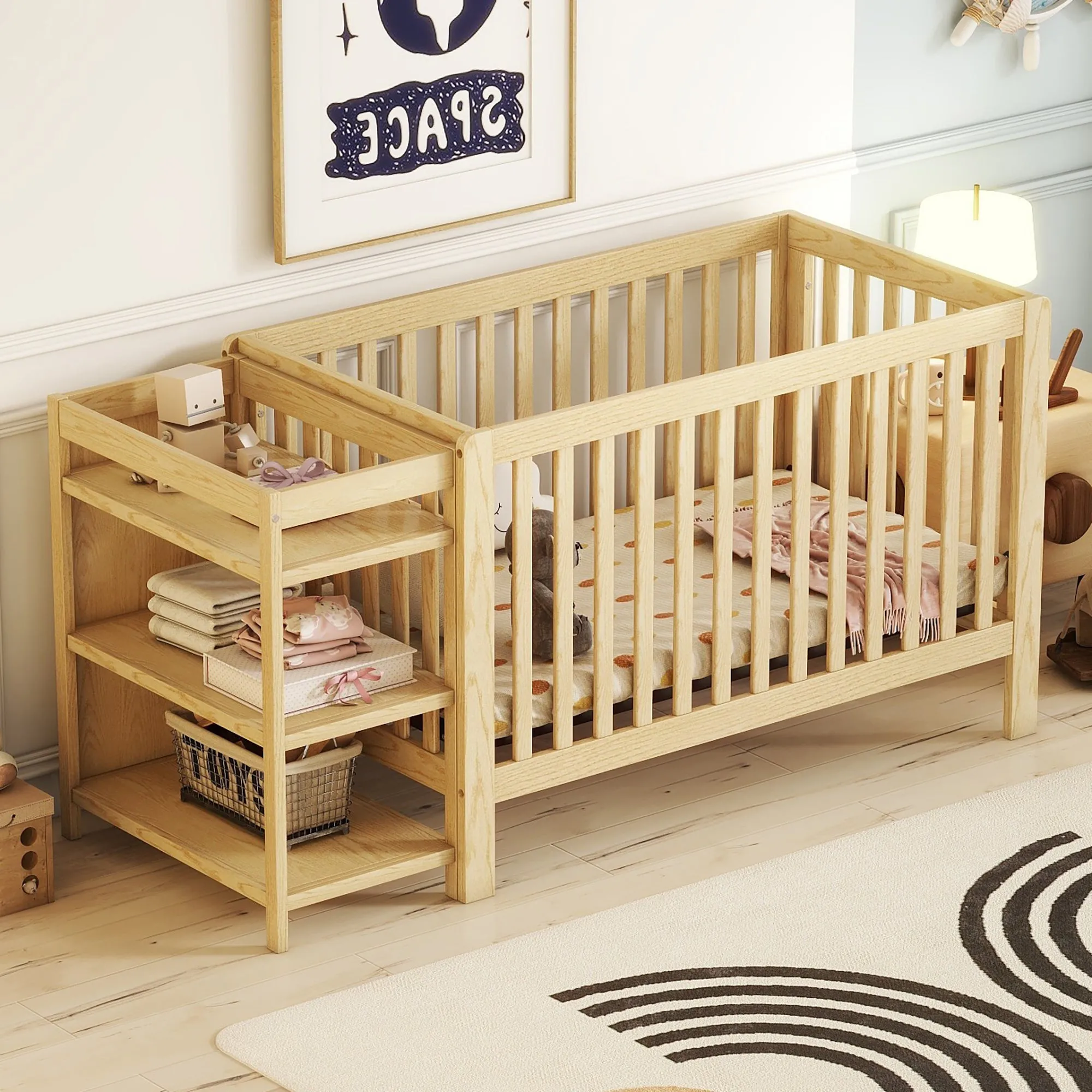 Convertible Crib/Full Size Bed with Changing Table, Natural