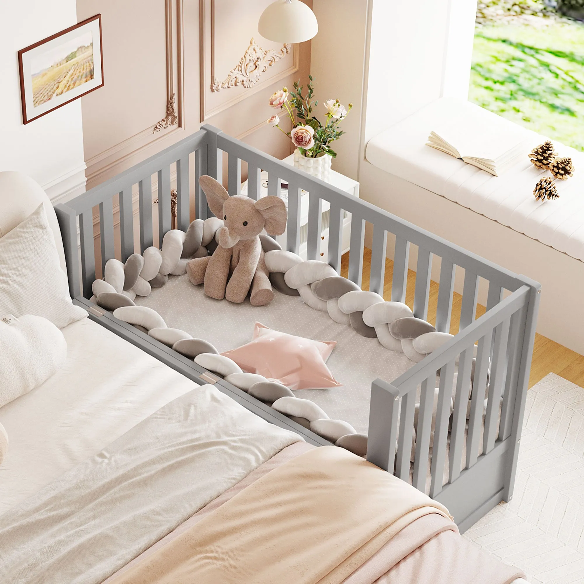 Convertible Crib/Full Size Bed with Drawers and 3 Height Options, Gray