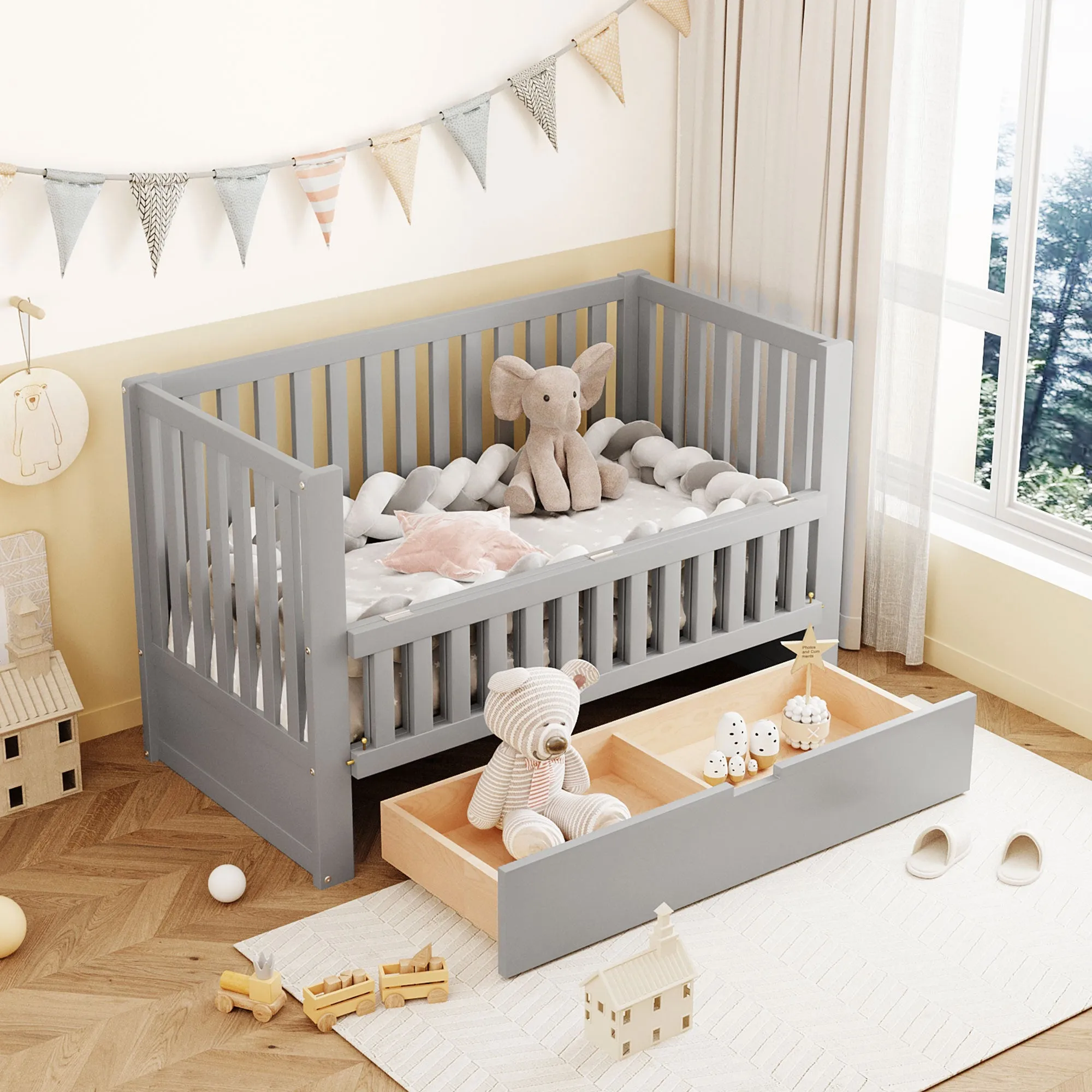 Convertible Crib/Full Size Bed with Drawers and 3 Height Options, Gray