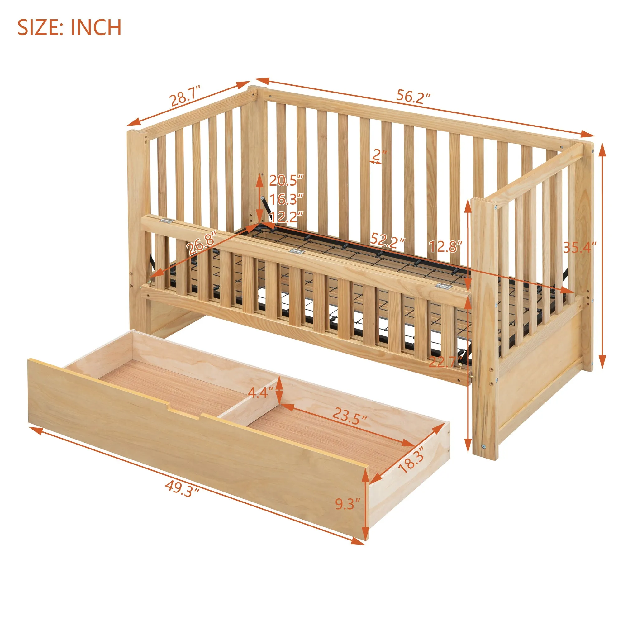 Convertible Crib/Full Size Bed with Drawers and 3 Height Options, Natural