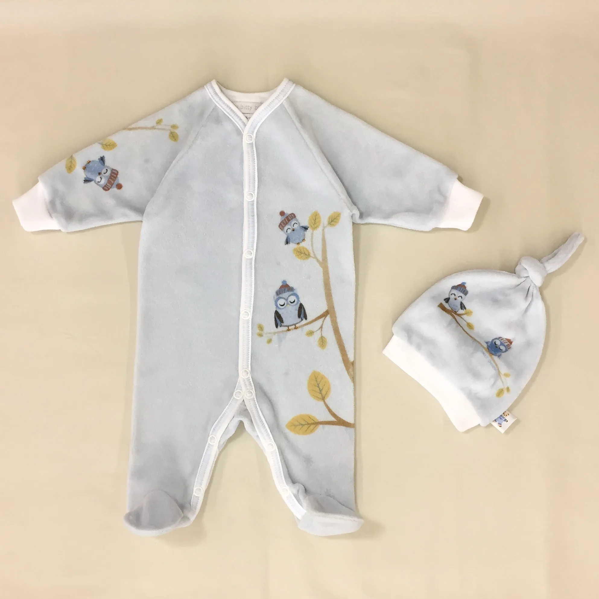 Cozy Owl Velour Set -Silvery Blue