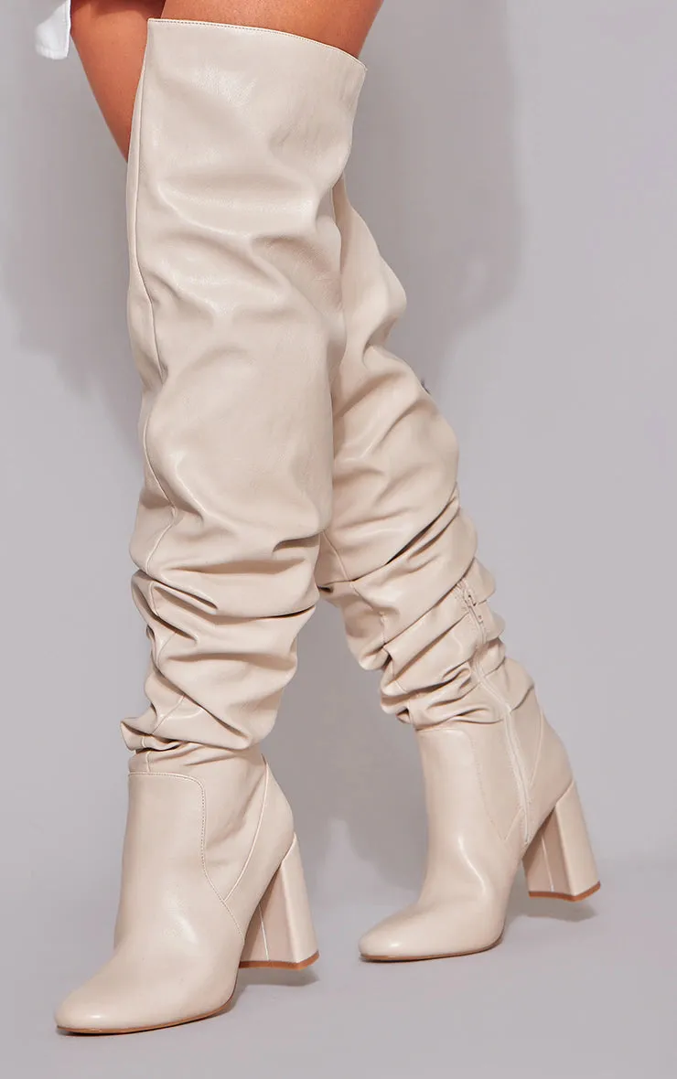 Cream Matte Pu Round Toe Ruched Over The Knee Block Heeled Boots