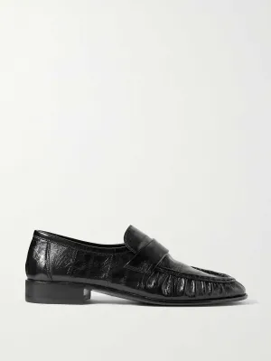 Crinkled glossed-leather loafers