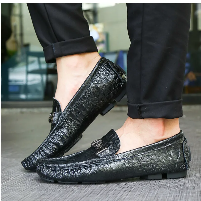 Croco Embossed PU Leather Men Moccasins Shoes with Cross Buckle Detail