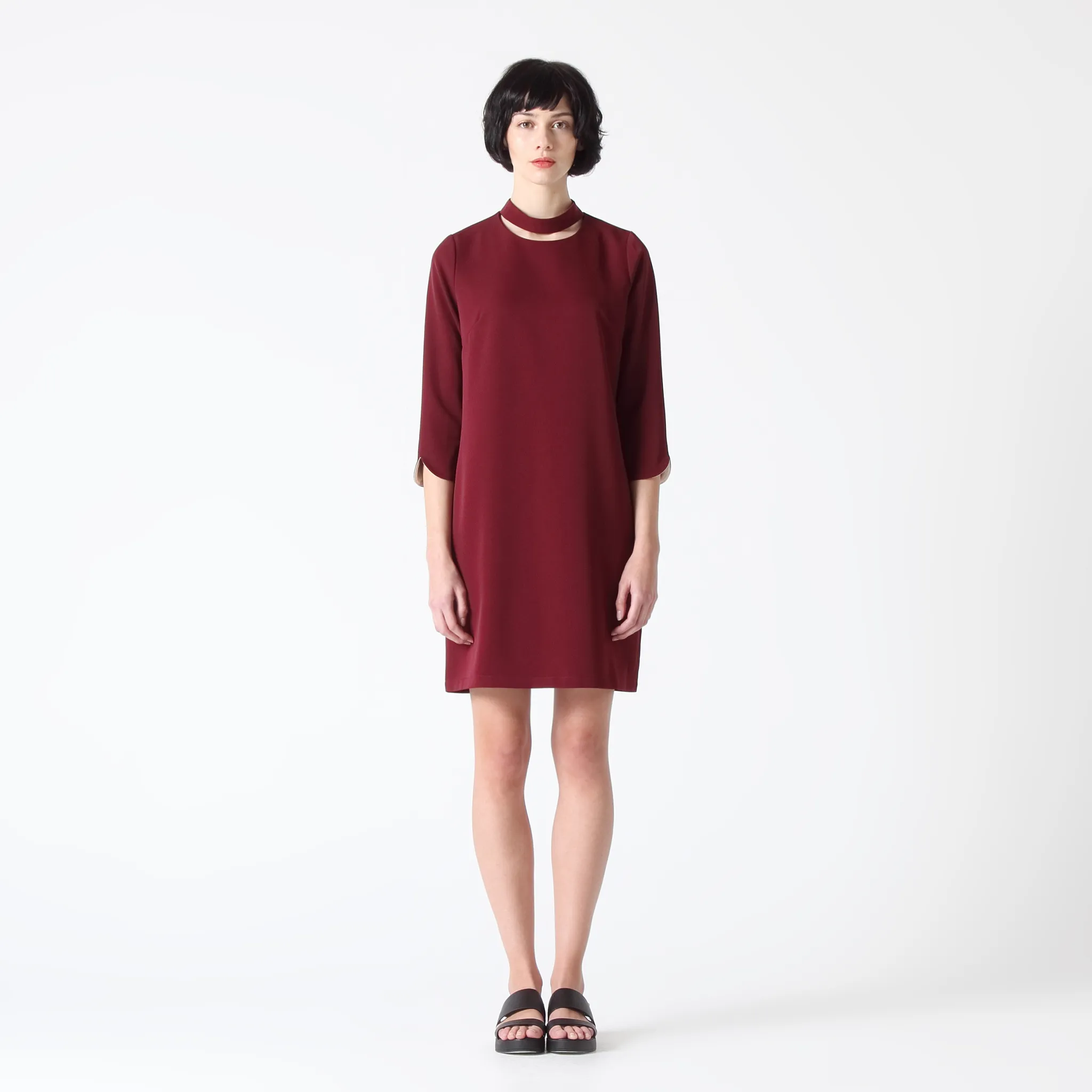 Cut-Out Collar Dress with Colour Contrast Sleeve Facing