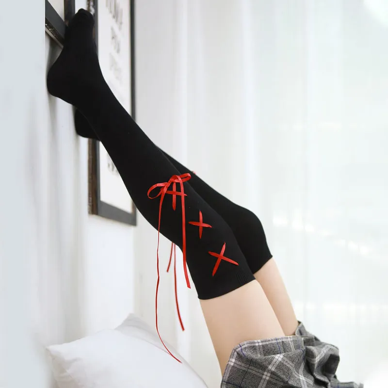 Cute Japanese Cross Ribbon Over Knee Socks