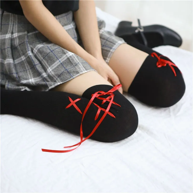 Cute Japanese Cross Ribbon Over Knee Socks