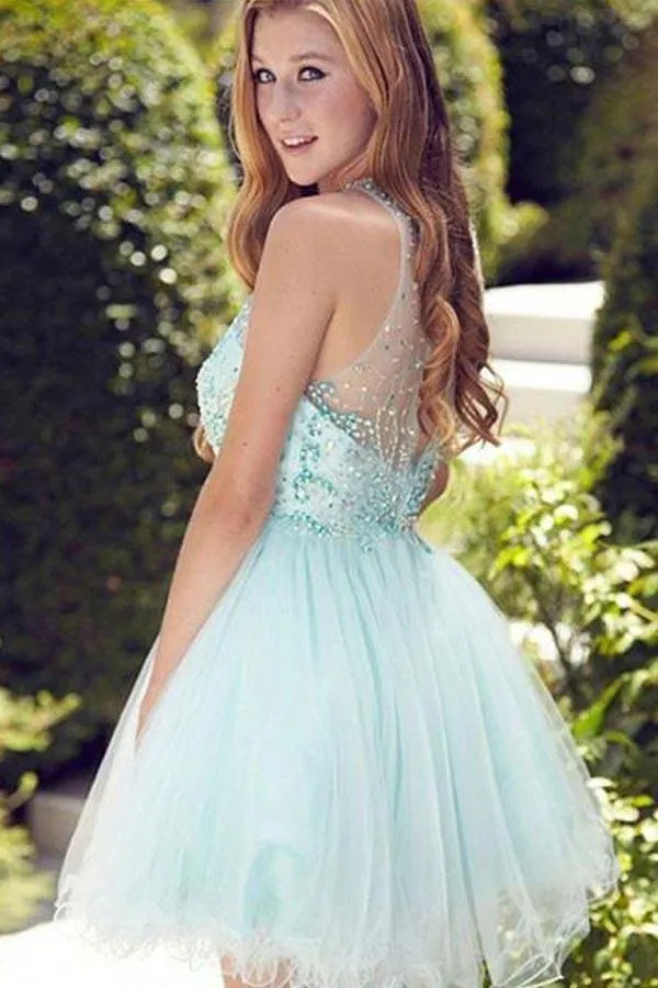 Cute Round neck Tulle Beads Sequin Short Prom Dress Homecoming Dress PG170