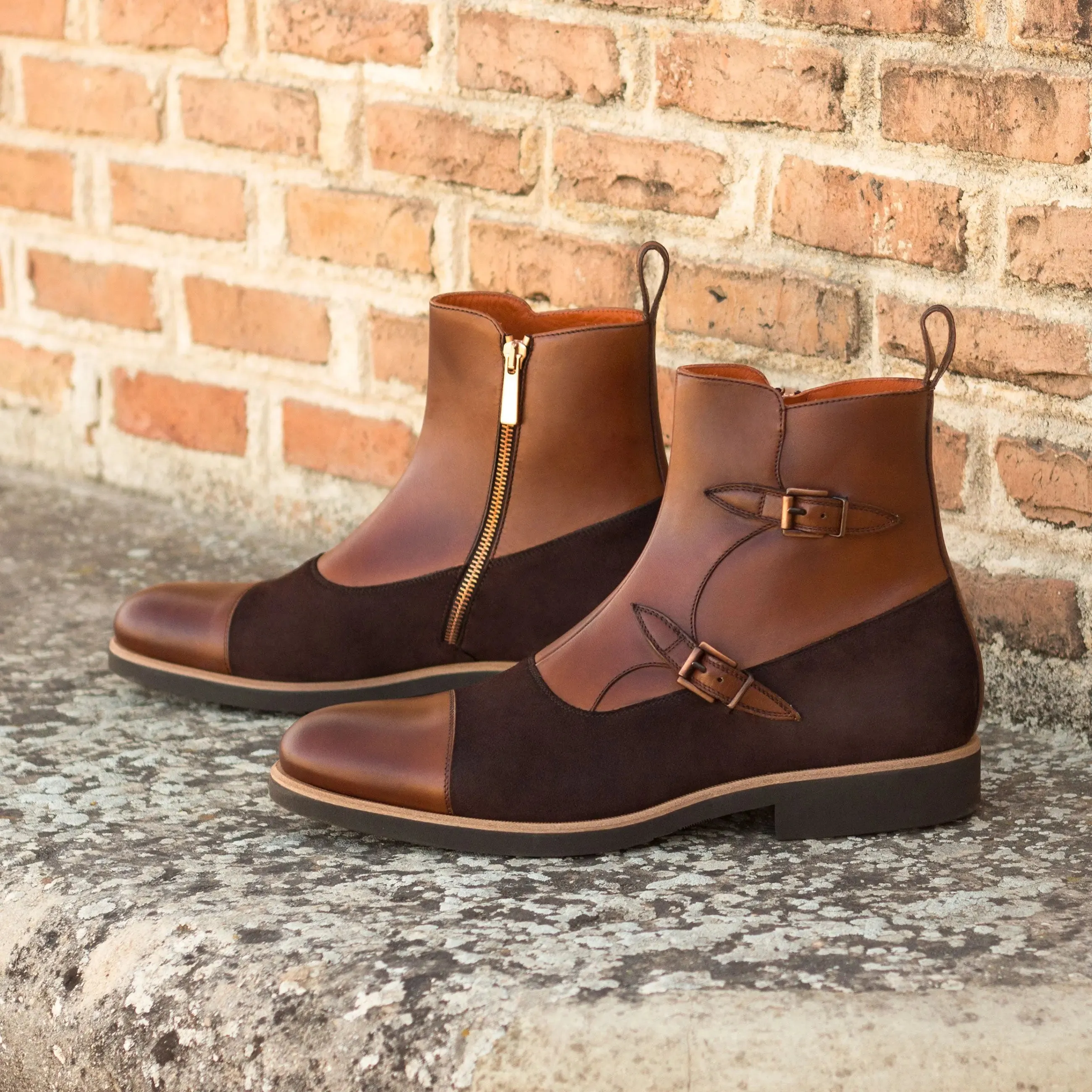 DapperFam Octavian in Med Brown / Brown Men's Italian Leather & Italian Suede Buckle Boot