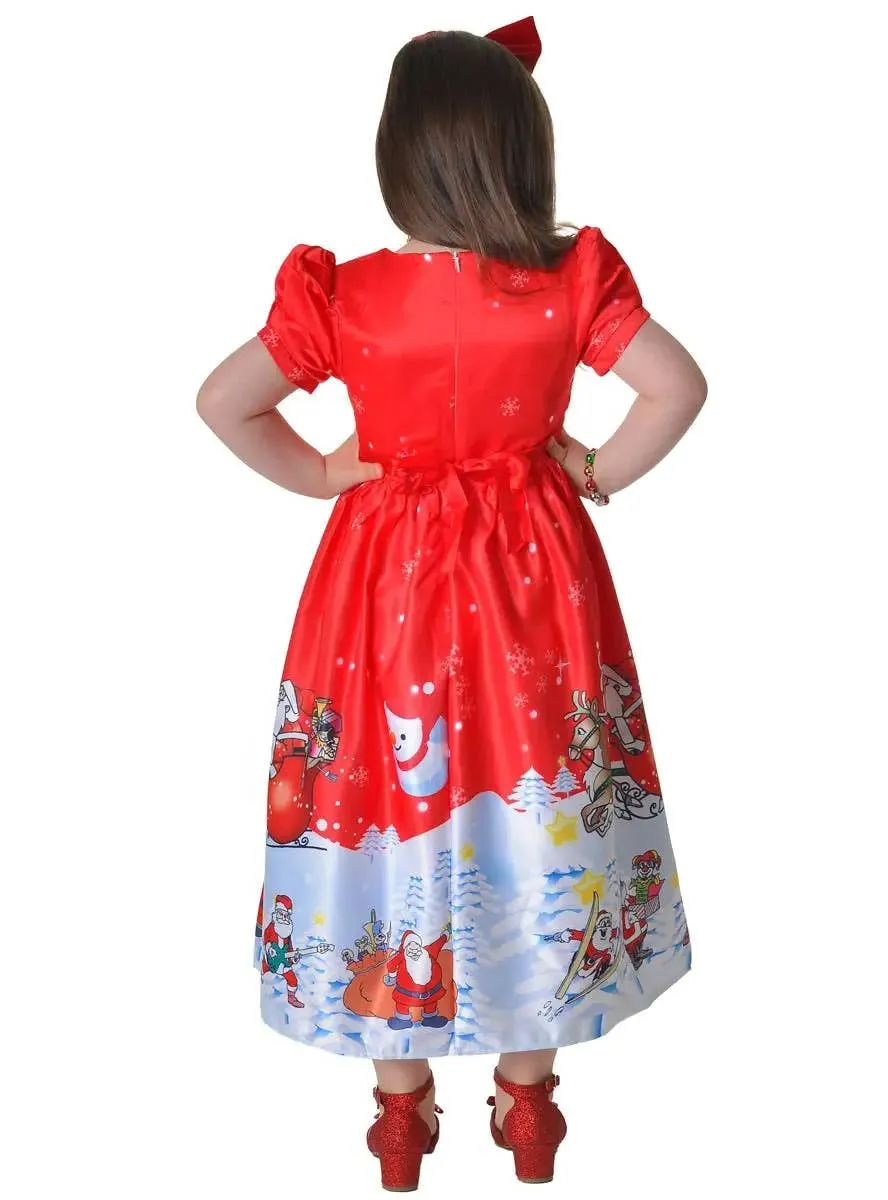 Deluxe Red and White Santa Print Girls Christmas Dress