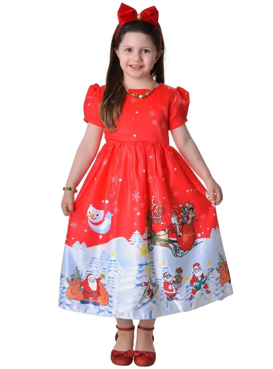 Deluxe Red and White Santa Print Girls Christmas Dress