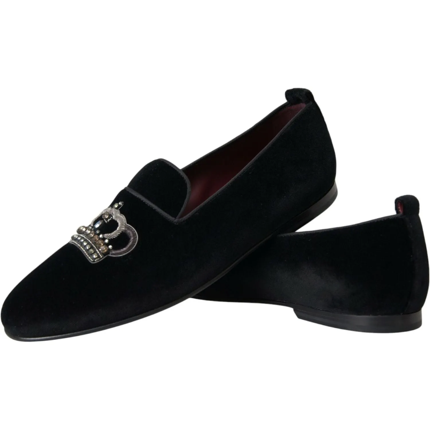 Dolce & Gabbana Black Velvet Crystal Crown Men Loafers Shoes