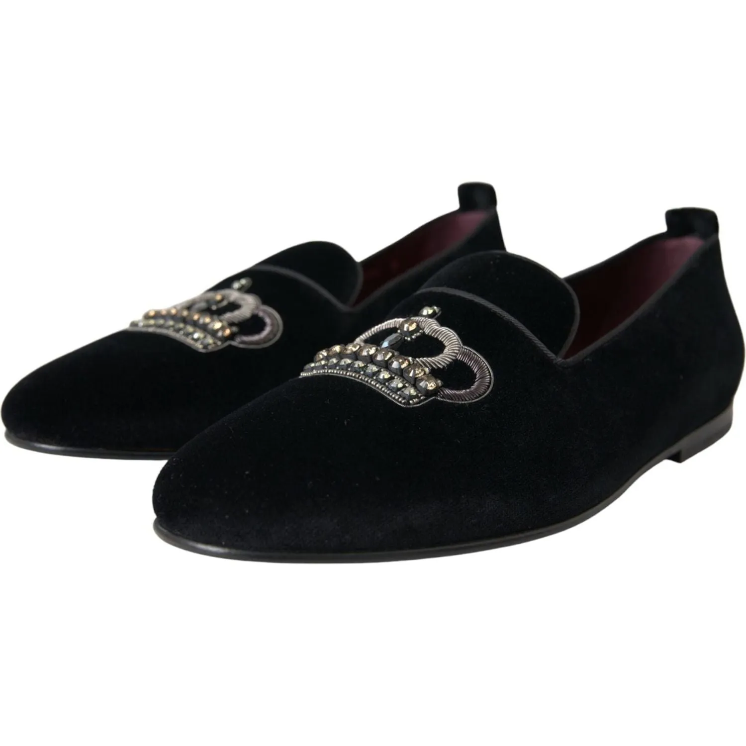 Dolce & Gabbana Black Velvet Crystal Crown Men Loafers Shoes