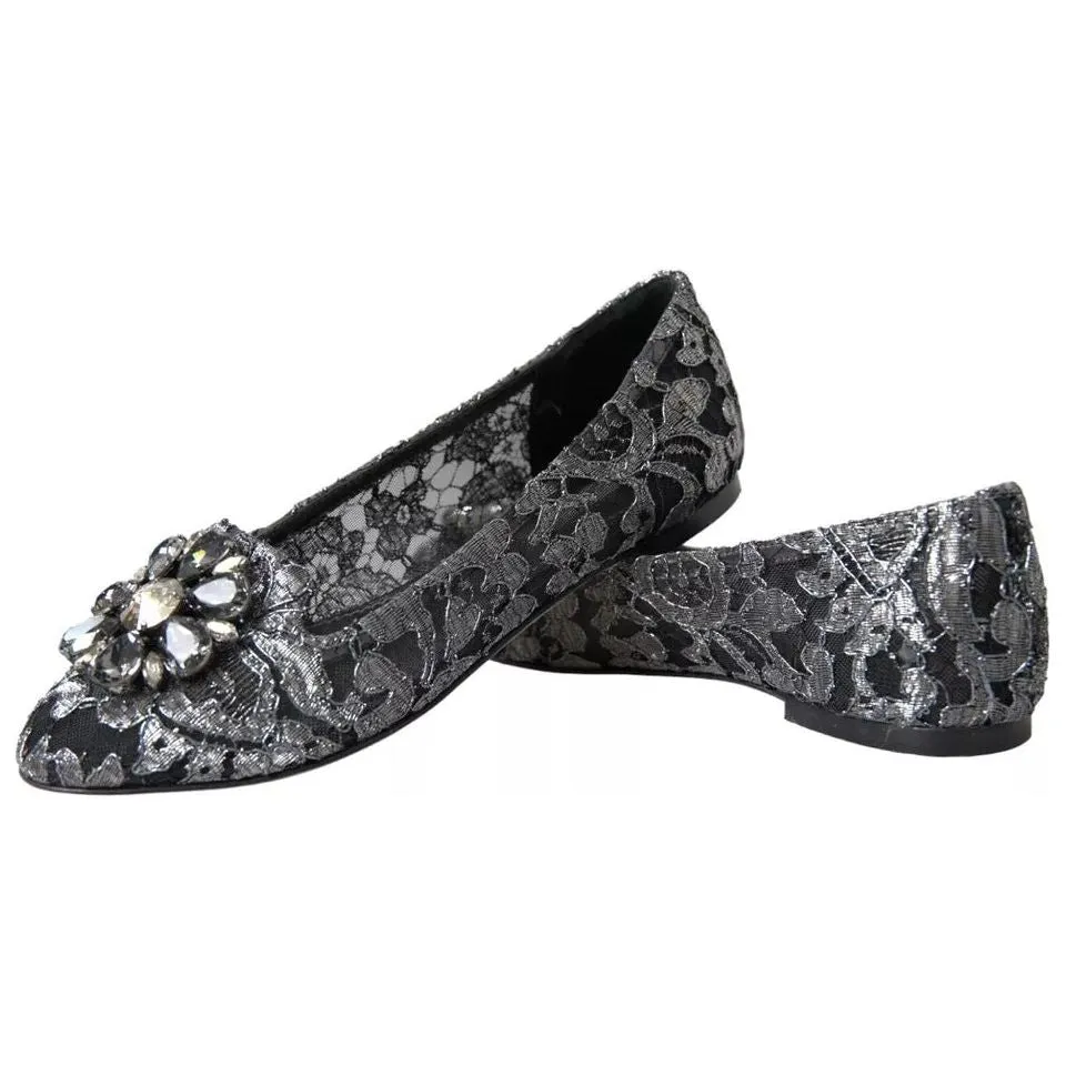 Dolce & Gabbana Gray Black Lace Crystal Ballet Loafers Shoes