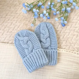 Dusky Blue Baby Mittens Recycled Cable Knit