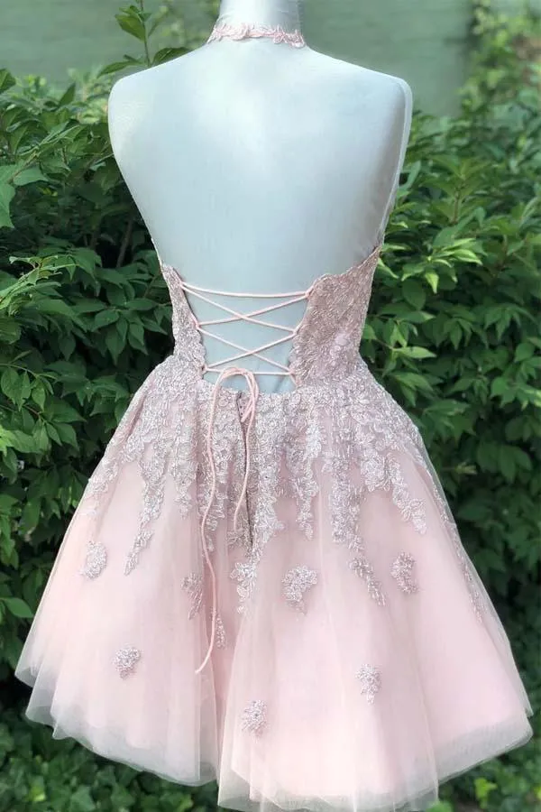 Dusty Blush Tulle Spaghetti Straps V-Neck A-Line Homecoming Dress PD359