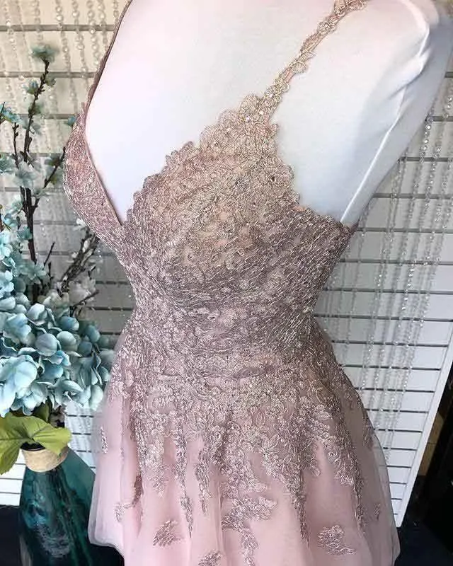 Dusty Blush Tulle Spaghetti Straps V-Neck A-Line Homecoming Dress PD359