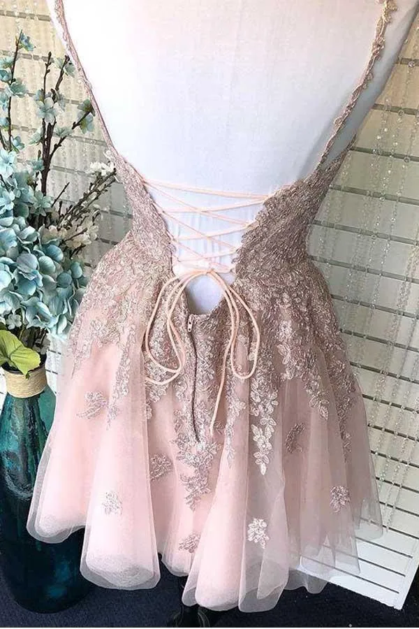 Dusty Blush Tulle Spaghetti Straps V-Neck A-Line Homecoming Dress PD359