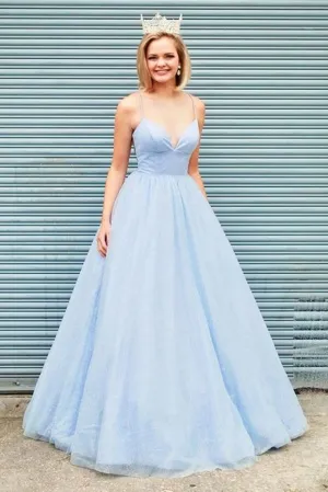 Elegant A-line V Neck Light Blue Backless Prom Dresses