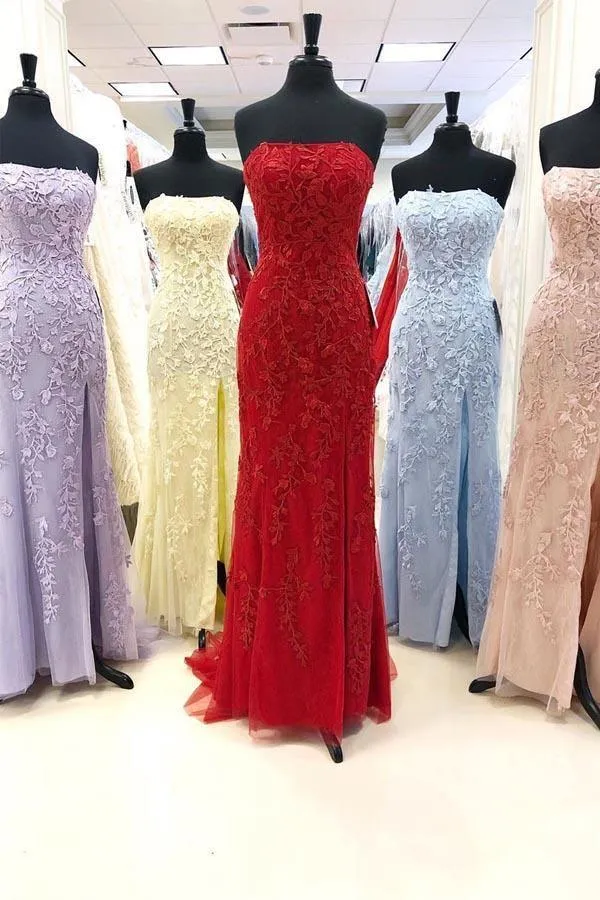 Elegant Fuchsia Strapless Lace Appliques Long Prom Dresses with Split PSK021