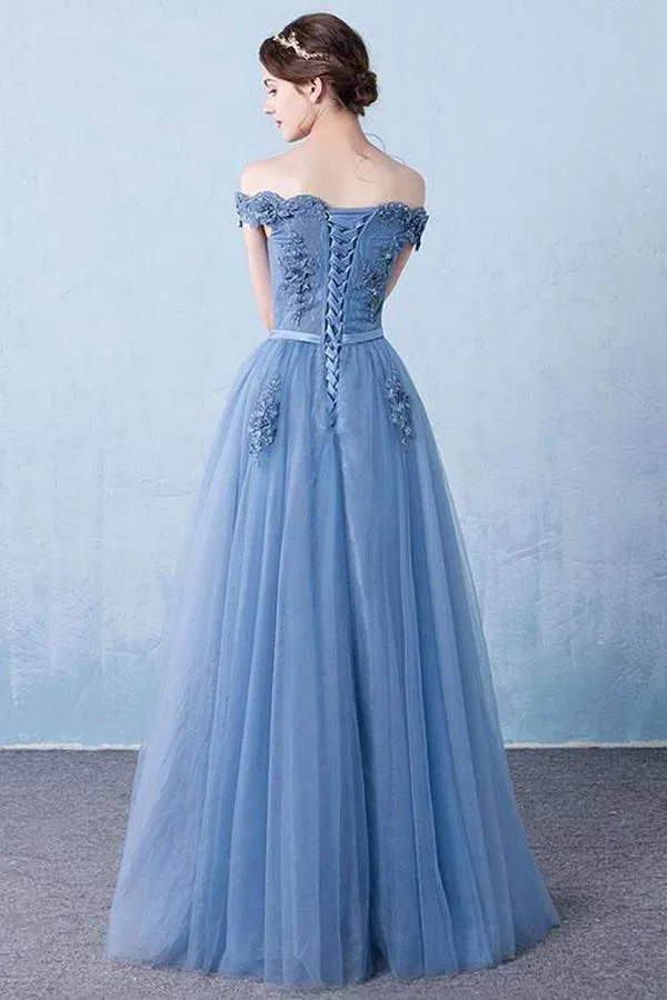 Elegant Tulle Lace Applique Long Prom Dress Blue Evening Dress PSK128