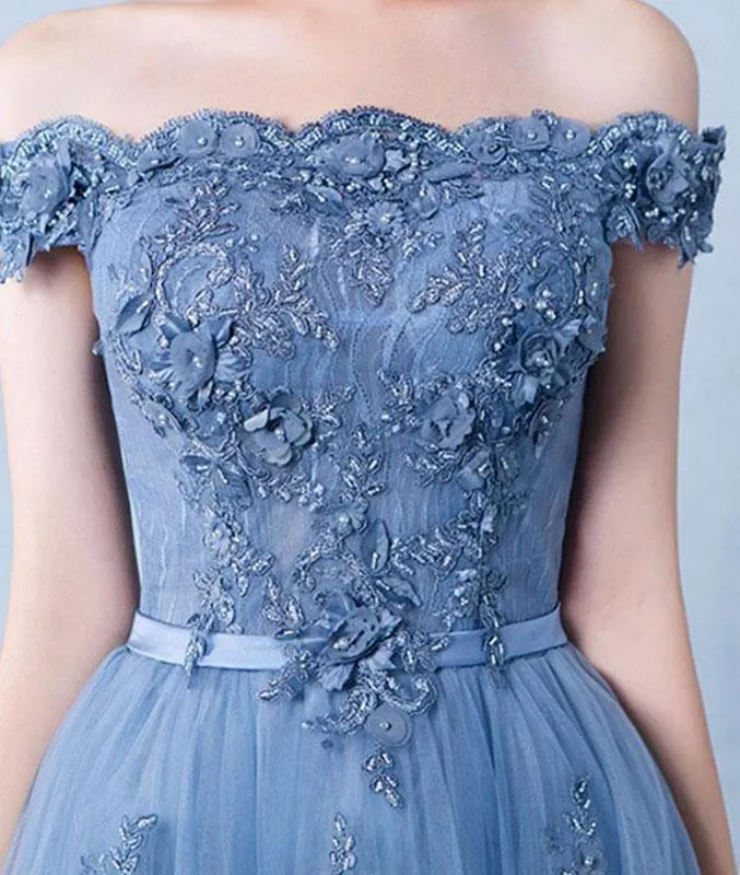 Elegant Tulle Lace Applique Long Prom Dress Blue Evening Dress PSK128