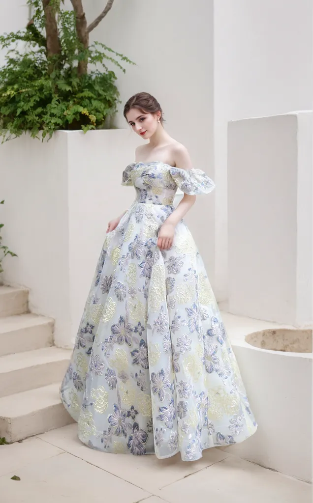 Elora - embroidery golden blue floral pattern off-the-shoulder Princess Prom Dress