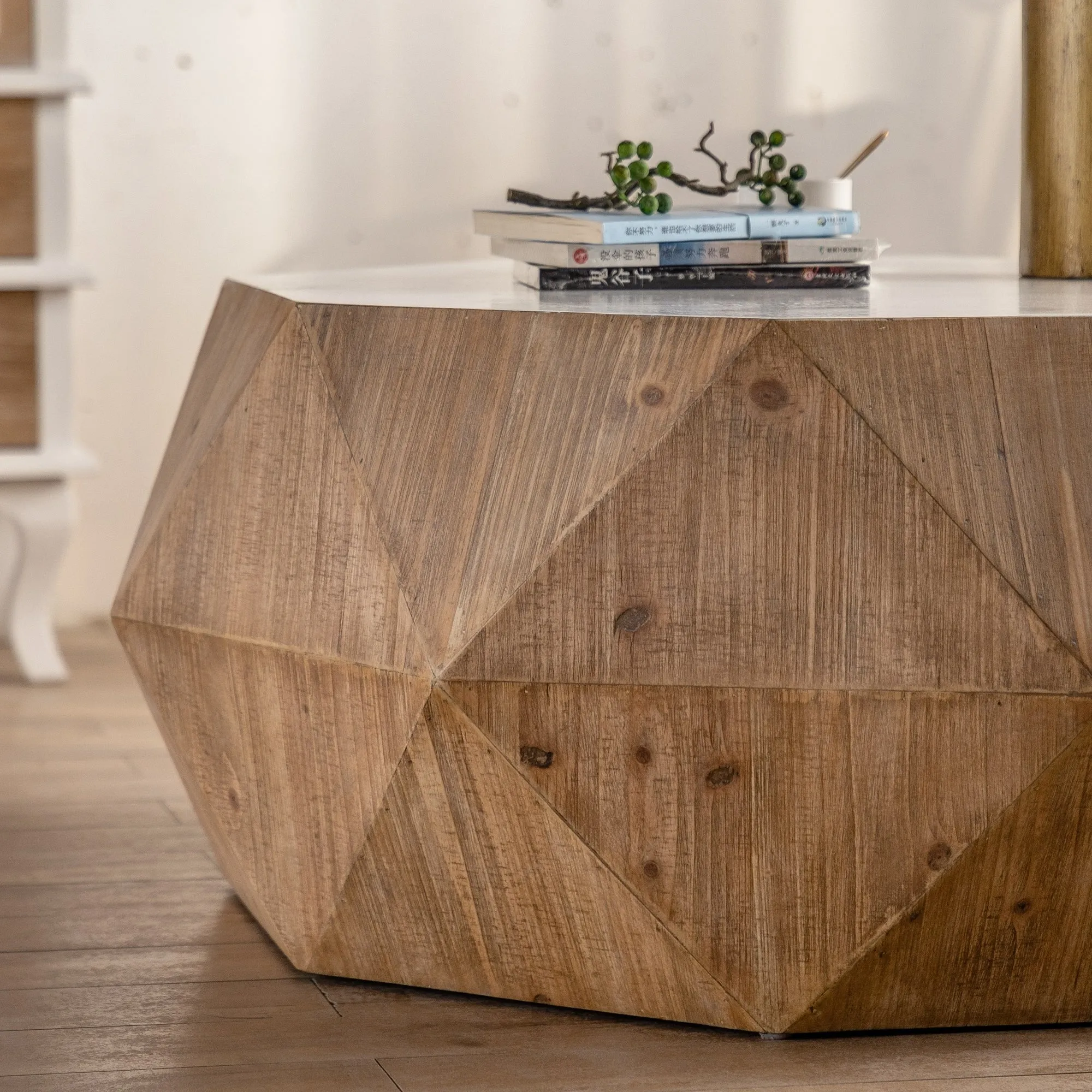 Embossed Pattern Retro Style Coffee Table, White Tabletop