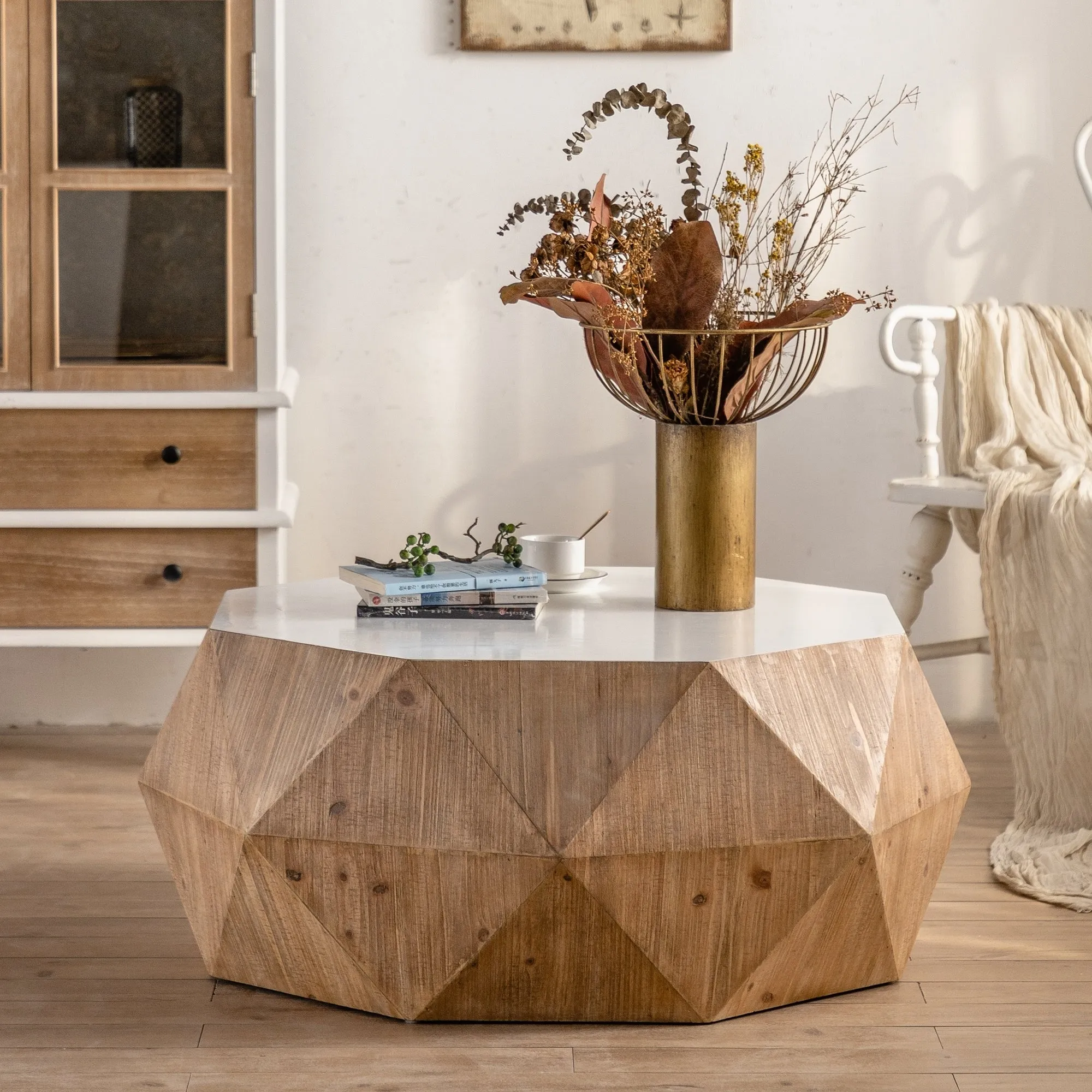 Embossed Pattern Retro Style Coffee Table, White Tabletop