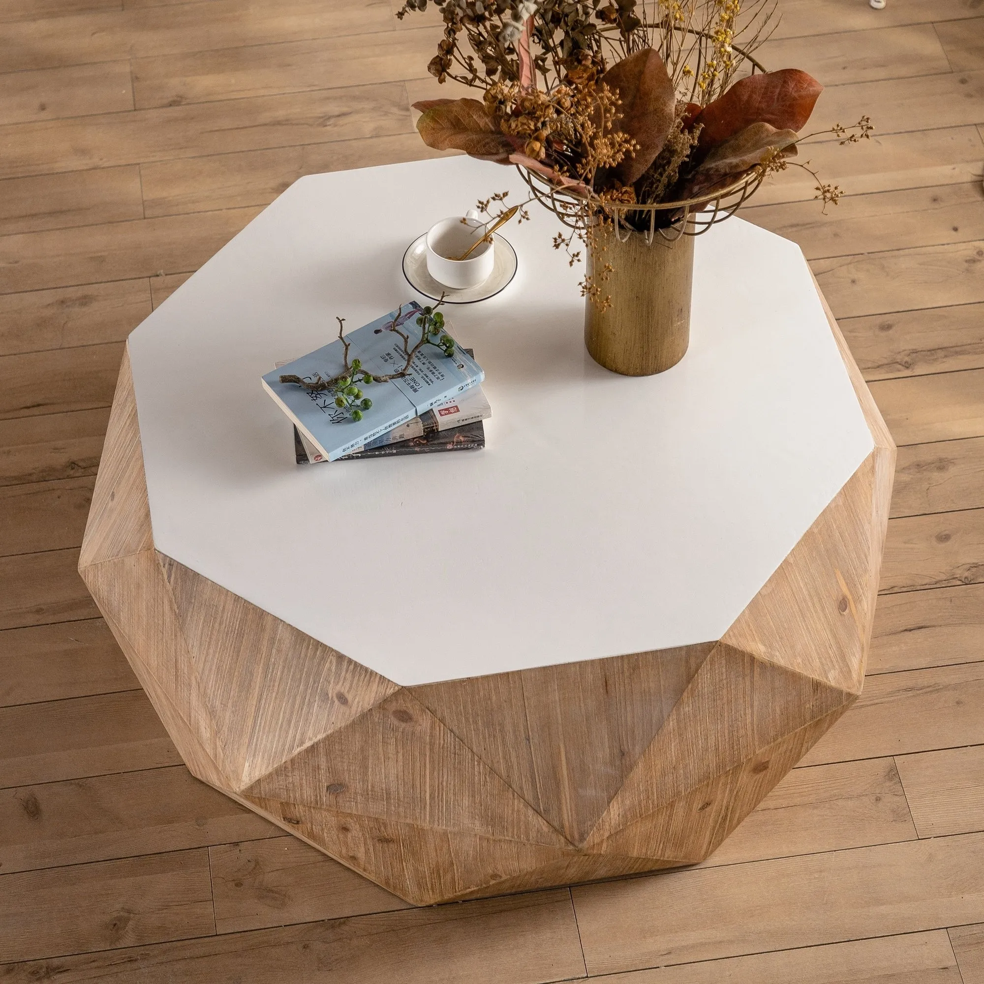 Embossed Pattern Retro Style Coffee Table, White Tabletop