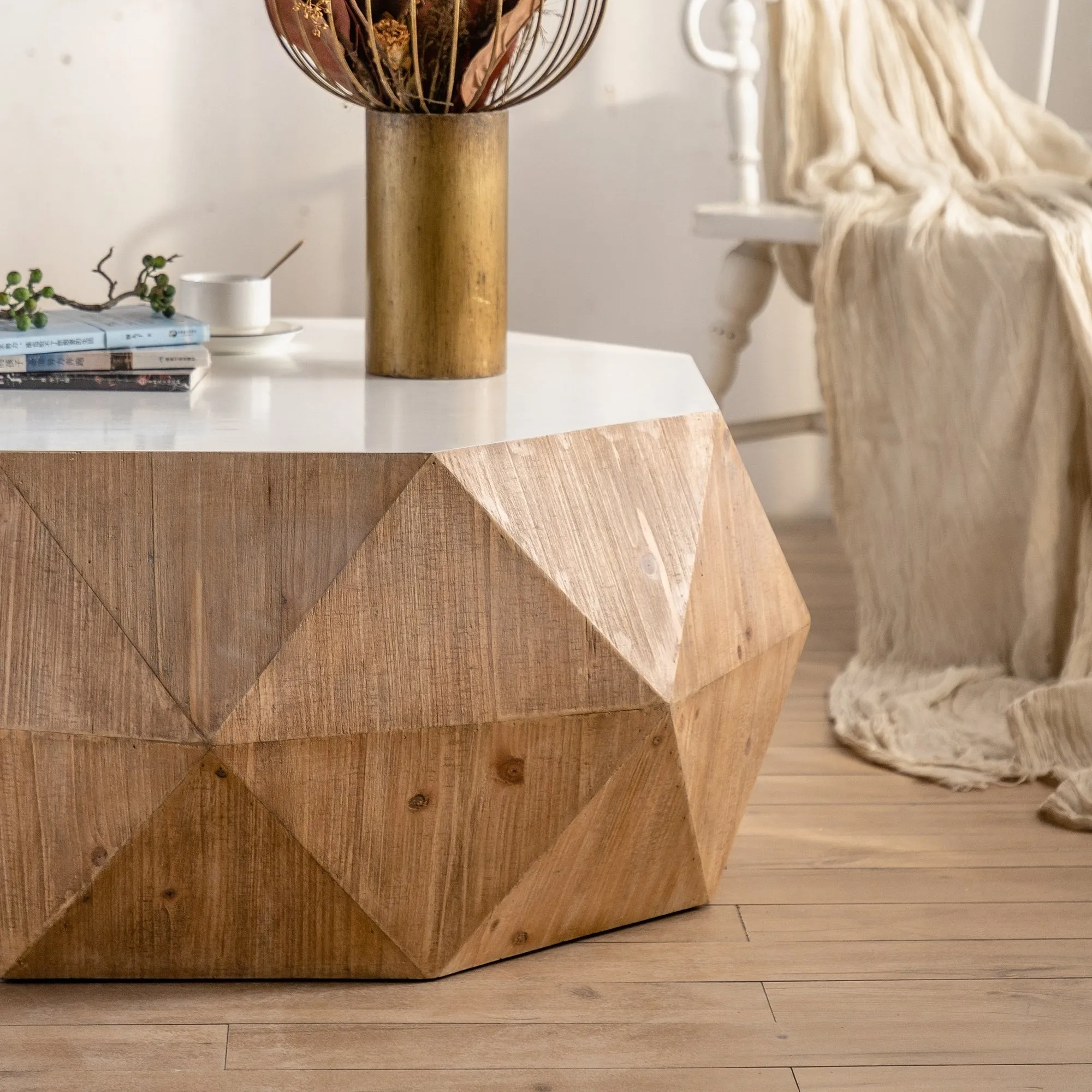 Embossed Pattern Retro Style Coffee Table, White Tabletop