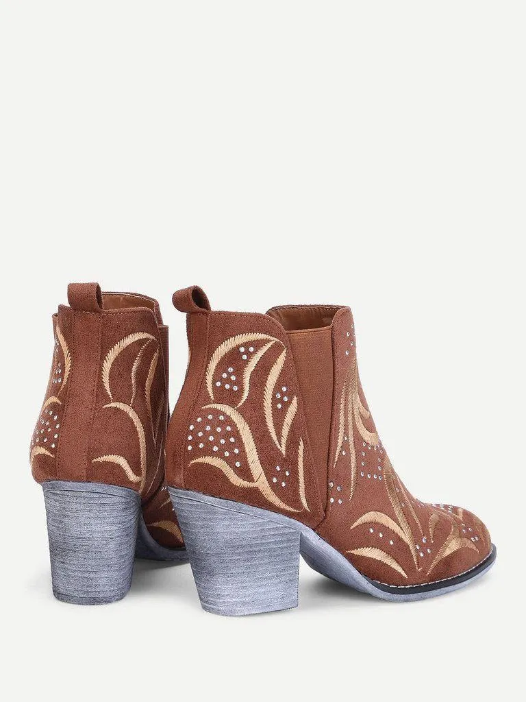 Embroidery Detail Block Heeled Ankle Boots