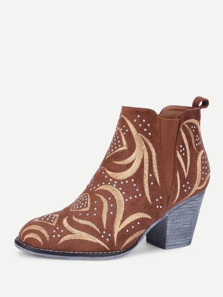 Embroidery Detail Block Heeled Ankle Boots