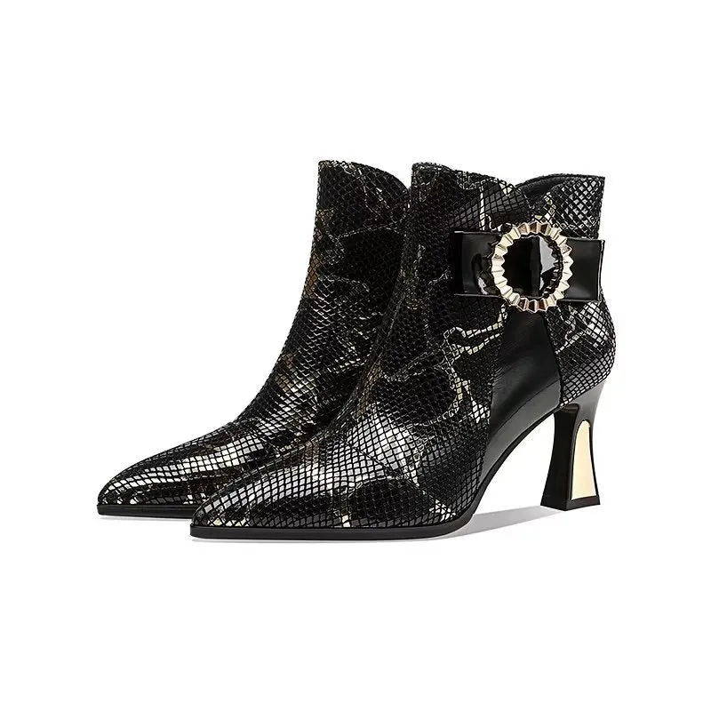 Exotic Serpent-Printed Elegant High Heeled Boots