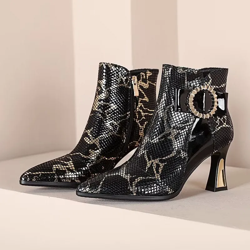 Exotic Serpent-Printed Elegant High Heeled Boots