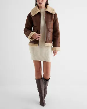 Faux Leather Sherpa Lined Coat in Pecan