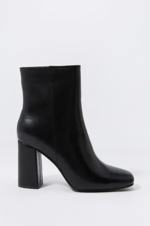 Faux Leather Square Toe Heeled Boot