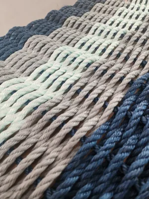 Five Stripe Rope Mat made with Lobster Rope Navy, Light gray and seafoam