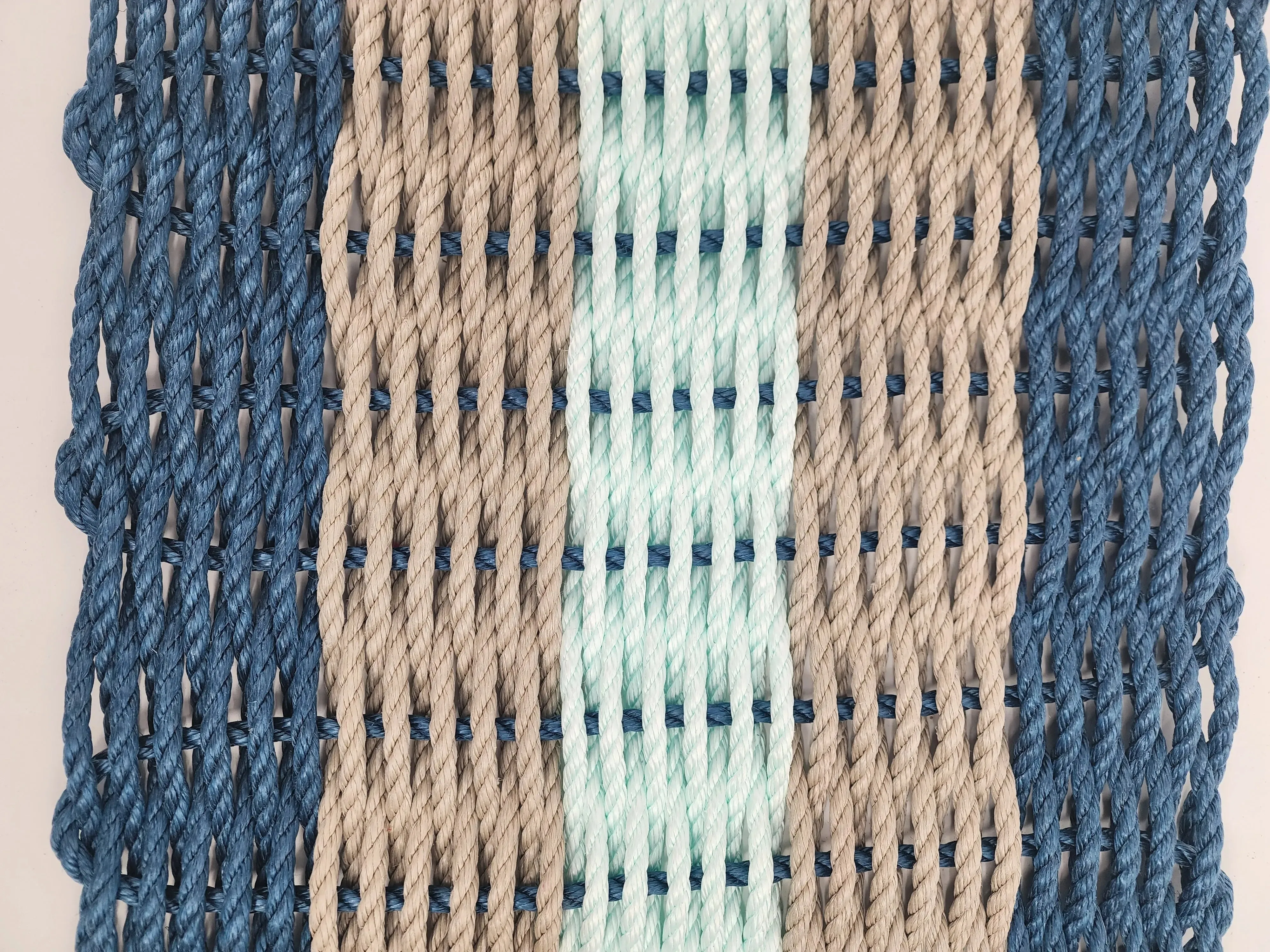 Five Stripe Rope Mat made with Lobster Rope Navy, Tan and Seafoam