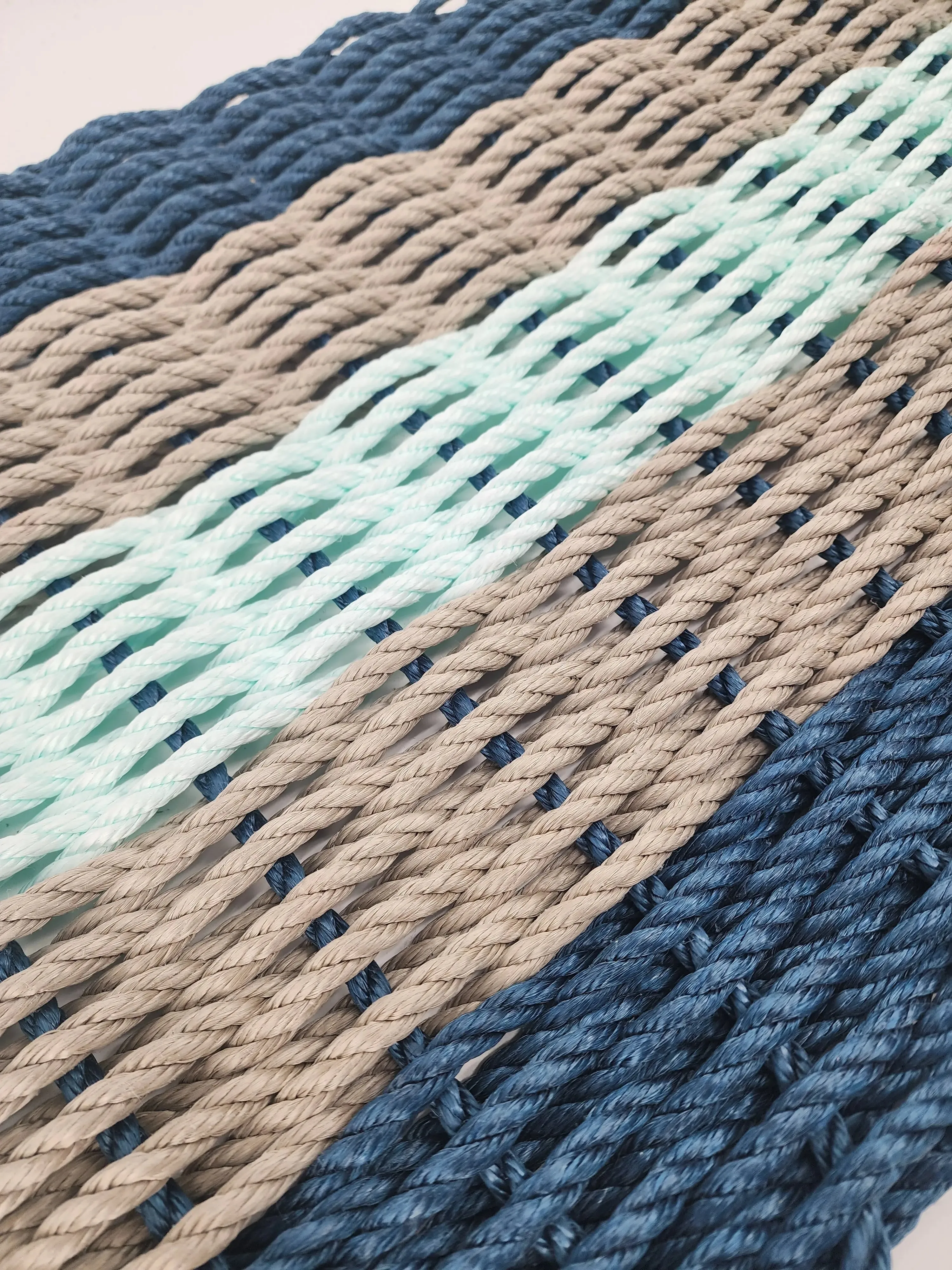 Five Stripe Rope Mat made with Lobster Rope Navy, Tan and Seafoam