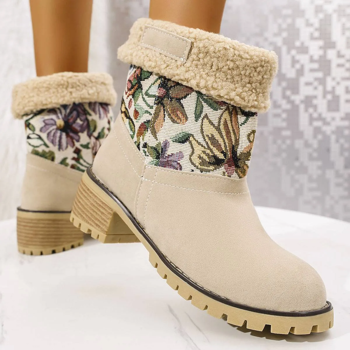 Floral Embroidered Winter Snow Boots – Ethnic Style with Warm Plush Lining