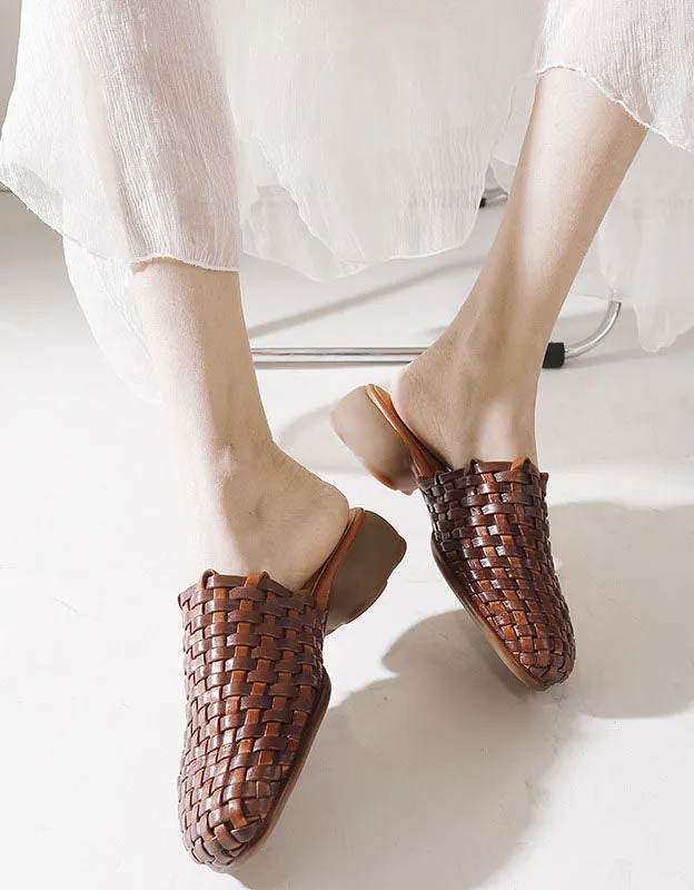 Genuine Leather Woven Slippers Wide Mules for Women