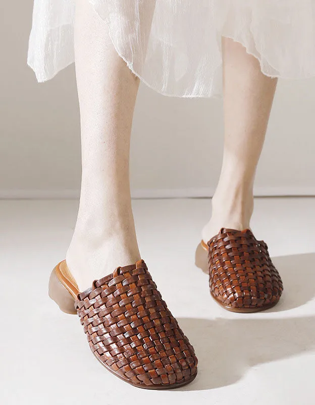 Genuine Leather Woven Slippers Wide Mules for Women