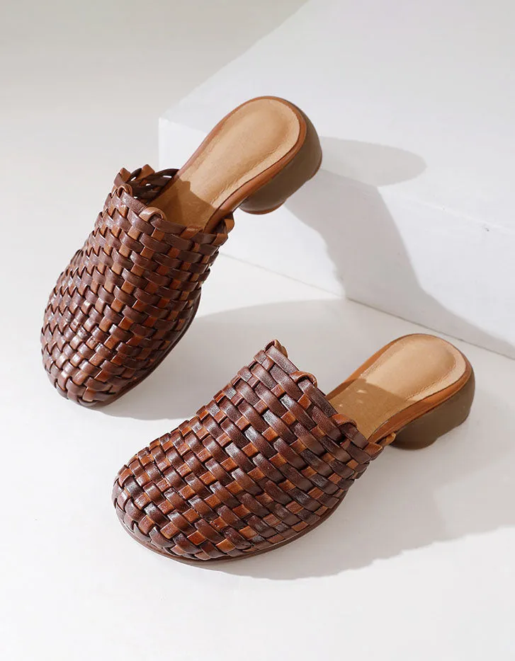 Genuine Leather Woven Slippers Wide Mules for Women